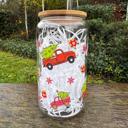 Christmas Red Truck Iced coffee Glass Can With Bamboo Lid and Straw