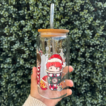 Potter Christmas Iced coffee Glass Can With Bamboo Lid and Straw