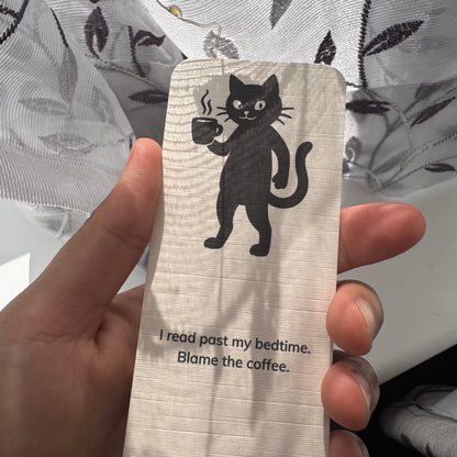 I Read Past My Bedtime Blame the Coffee Cat Linen Bookmark – Funny Bookish Bookmark for Readers