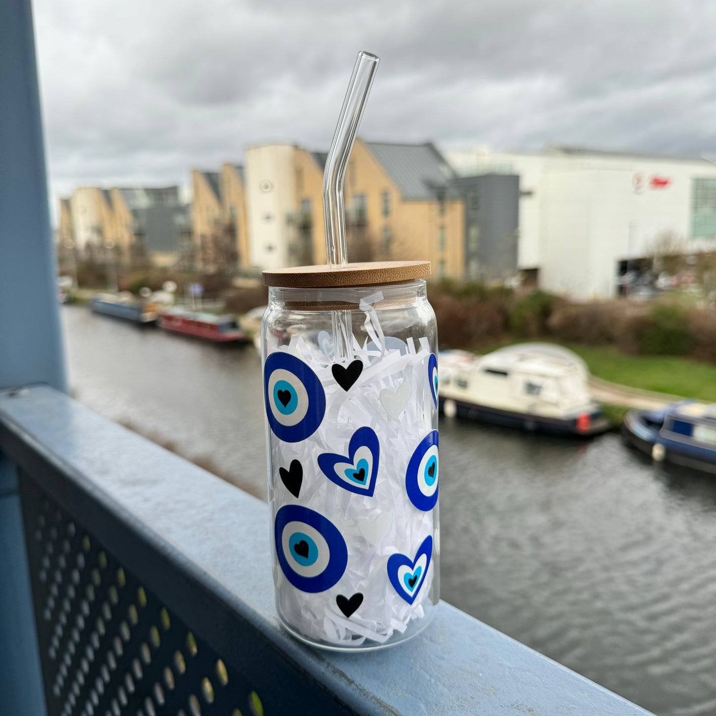 Evil Eye and Heart Themed Glass Tumbler 16 oz