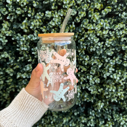 Christmas Gingerbread pastel Iced coffee Glass Can With Bamboo Lid and Straw