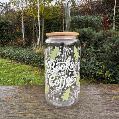 Book lover holiday cup with pink ribbon bows