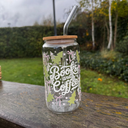 Bows and books iced coffee cup with bamboo lid