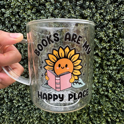 Book lover glass coffee mug . Books are my happy place Glass mug .Gift for book lover, Bibliophile gift . Bookish mug 13oz Double walled