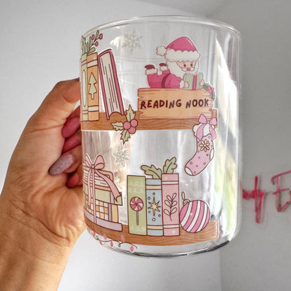 Christmas bookshelf Themed Glass Coffee Mug: Double Walled 13oz For Book Lovers
