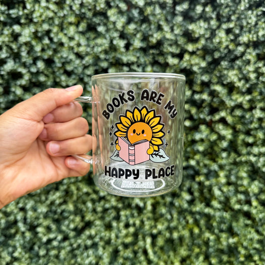 Book lover glass coffee mug . Books are my happy place Glass mug .Gift for book lover, Bibliophile gift . Bookish mug 13oz Double walled