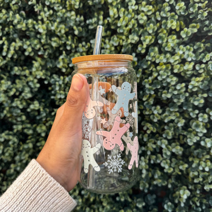 Christmas Gingerbread pastel Iced coffee Glass Can With Bamboo Lid and Straw