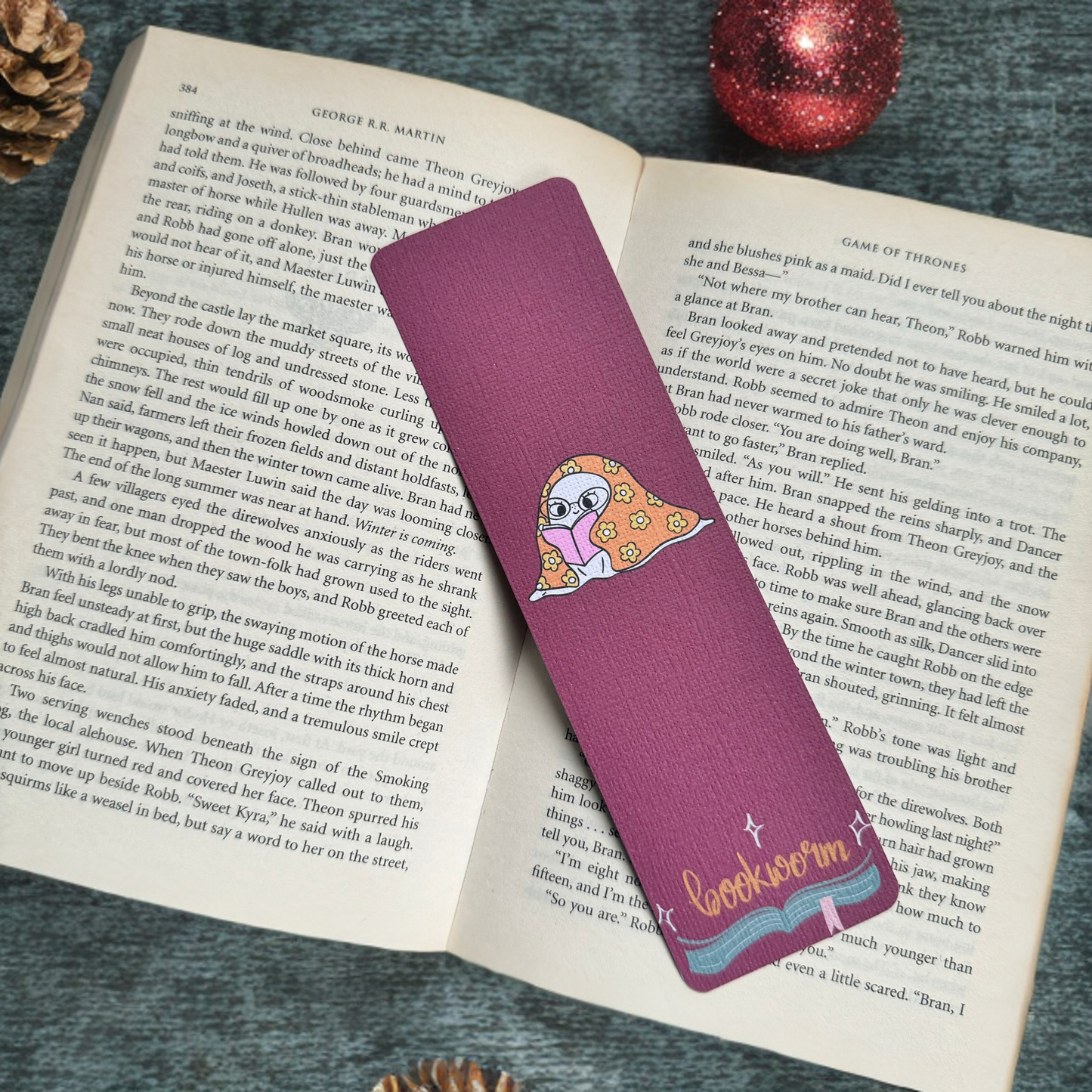 Winter Ghostie Bookworm linen bookmark, Holiday Cozy Read bookmark