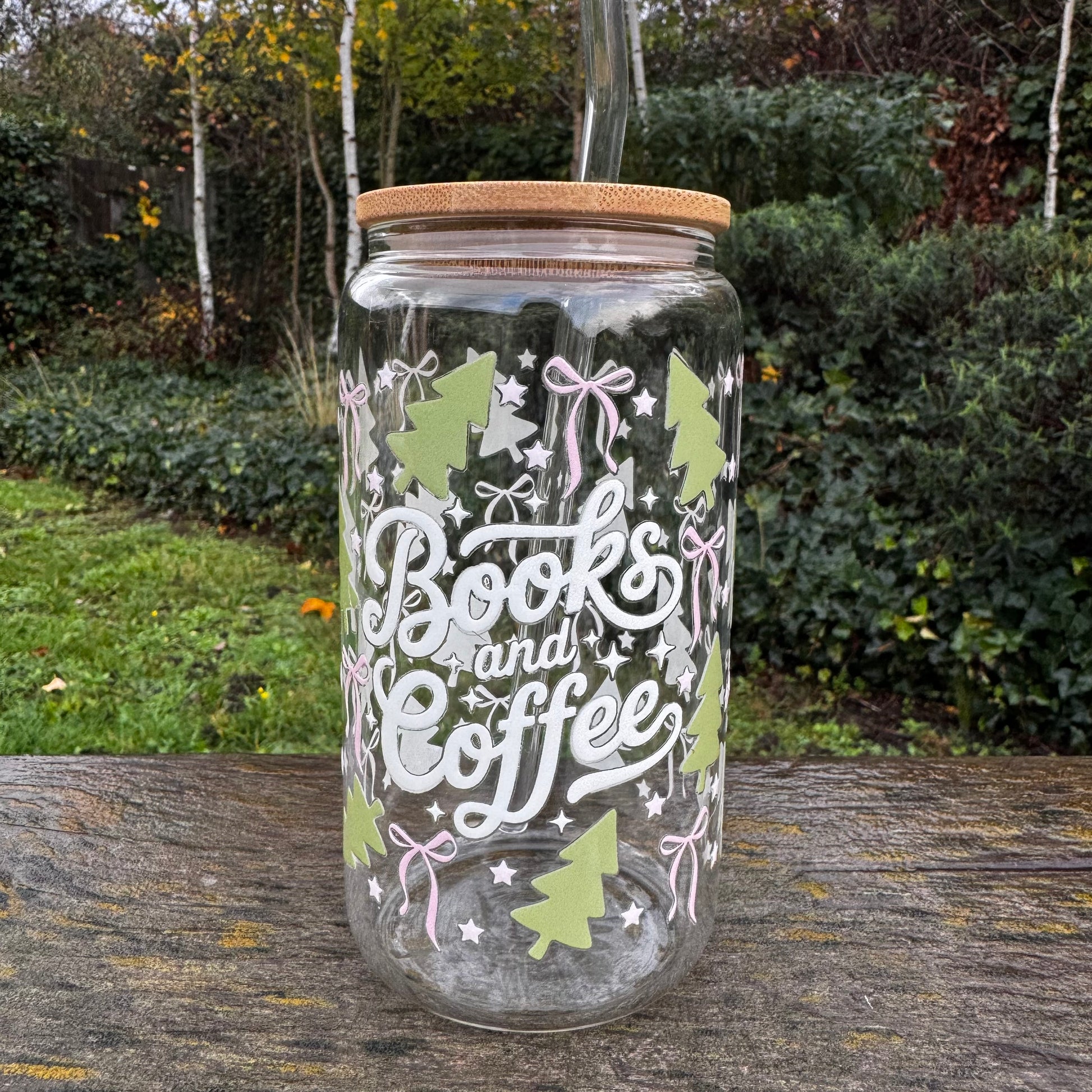 Christmas Books and Coffee coquette bow glass can with bamboo lid