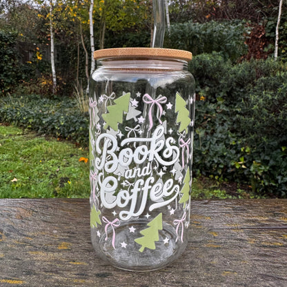Christmas Books and Coffee coquette bow glass can with bamboo lid