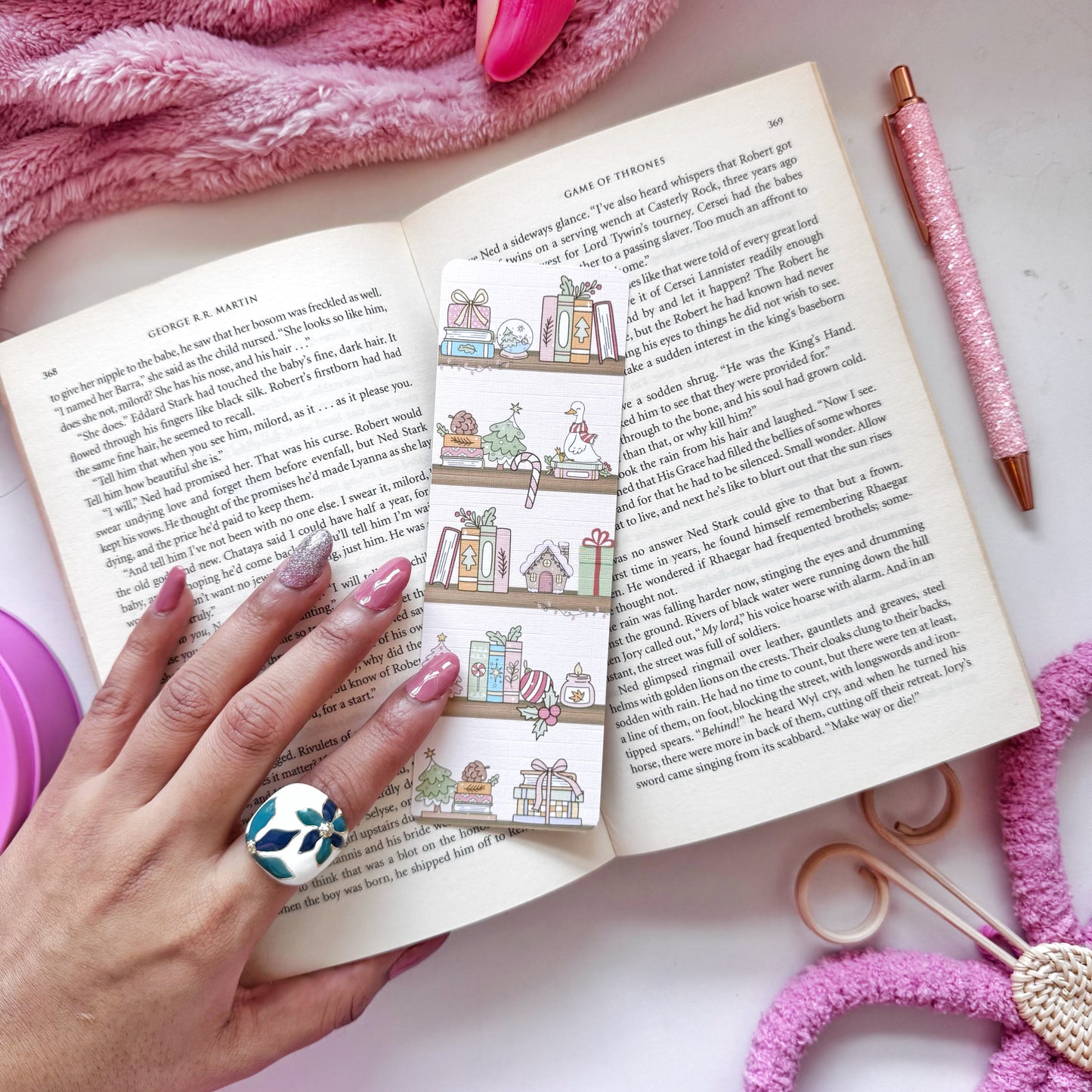 Christmas Bookshelf Pastel Aesthetic bookmark, Double Side 2x6 inch Linen Paper Gift