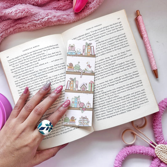 Christmas Bookshelf Pastel Aesthetic bookmark, Double Side 2x6 inch Linen Paper Gift