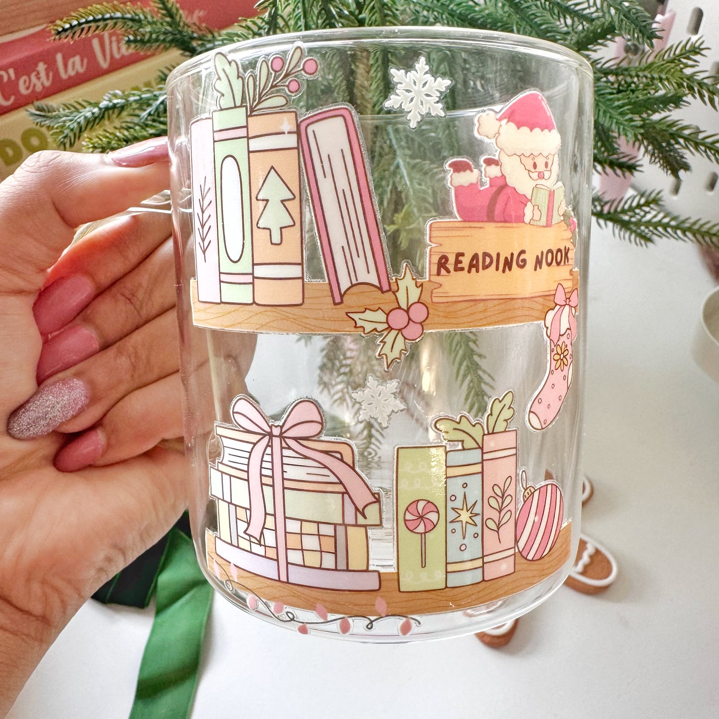 Christmas bookshelf Themed Glass Coffee Mug: Double Walled 13oz For Book Lovers