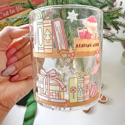 Christmas bookshelf Themed Glass Coffee Mug: Double Walled 13oz For Book Lovers