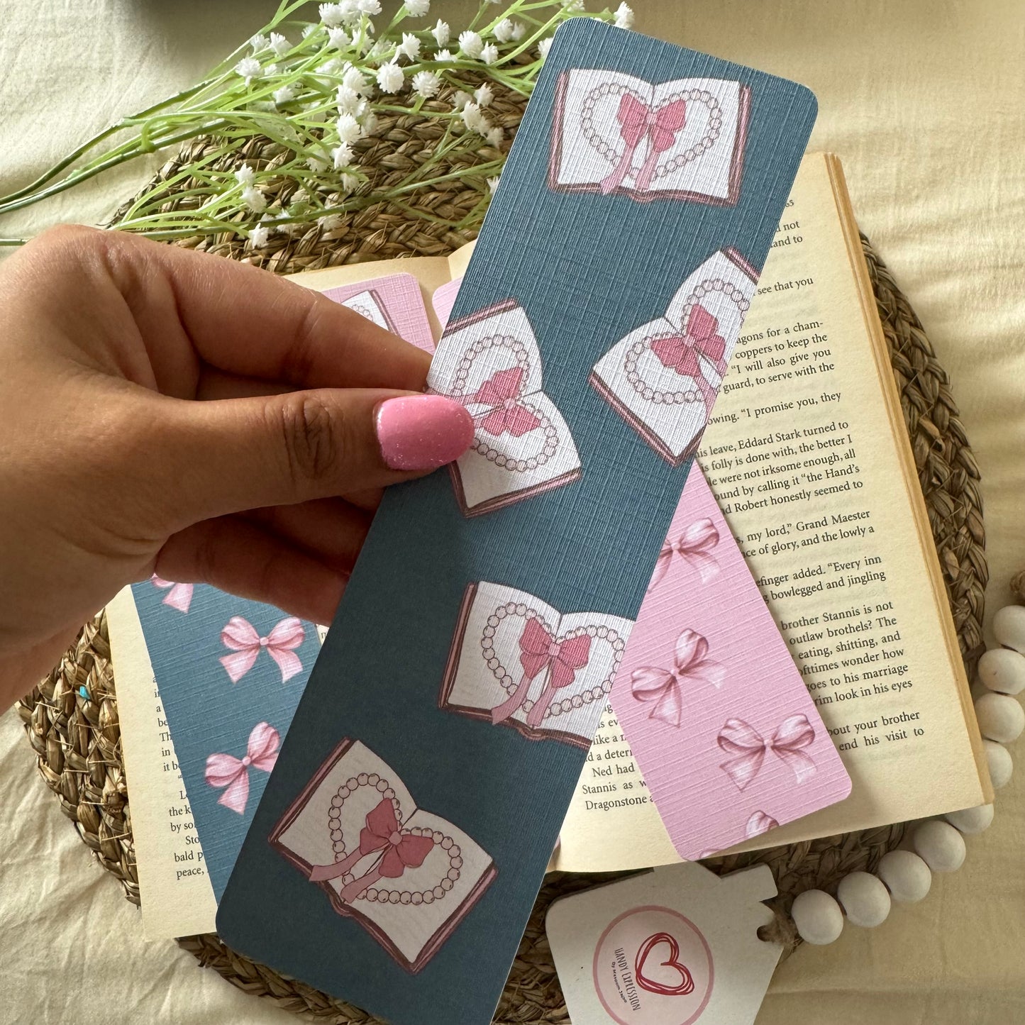 Set of 2 Bow and bookish Linen Bookmark