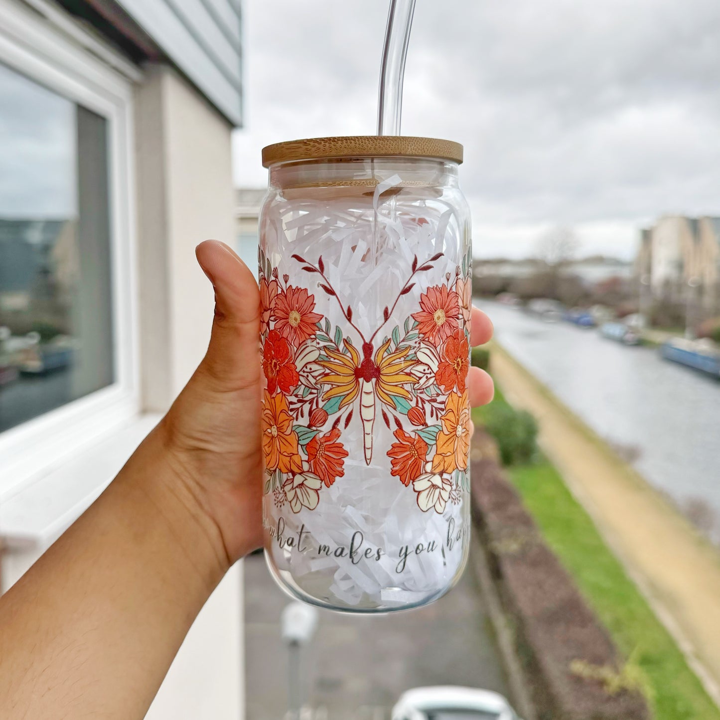 Do what makes your Happy Butterfly Themed Glass Tumbler 16oz , Daily reminder Glass Cups