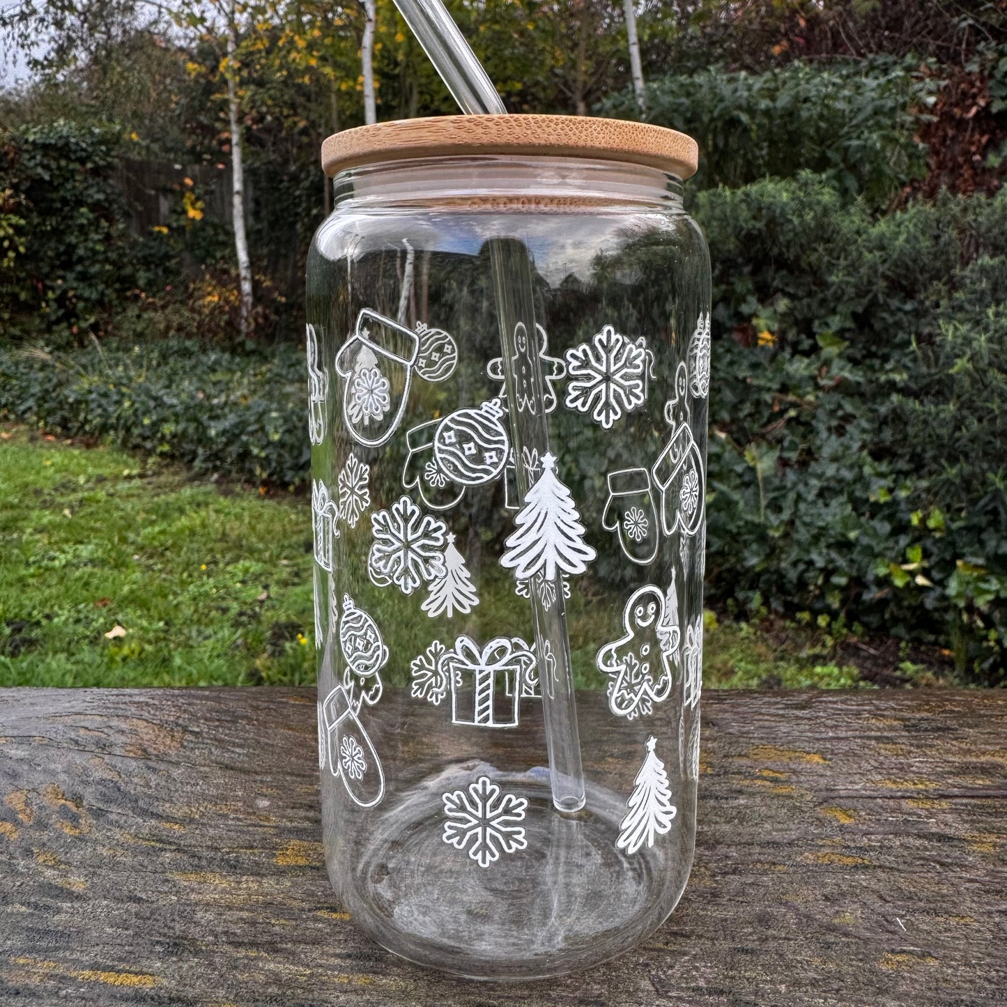 White Christmas Doodle Iced coffee Glass Can With Bamboo Lid and Straw
