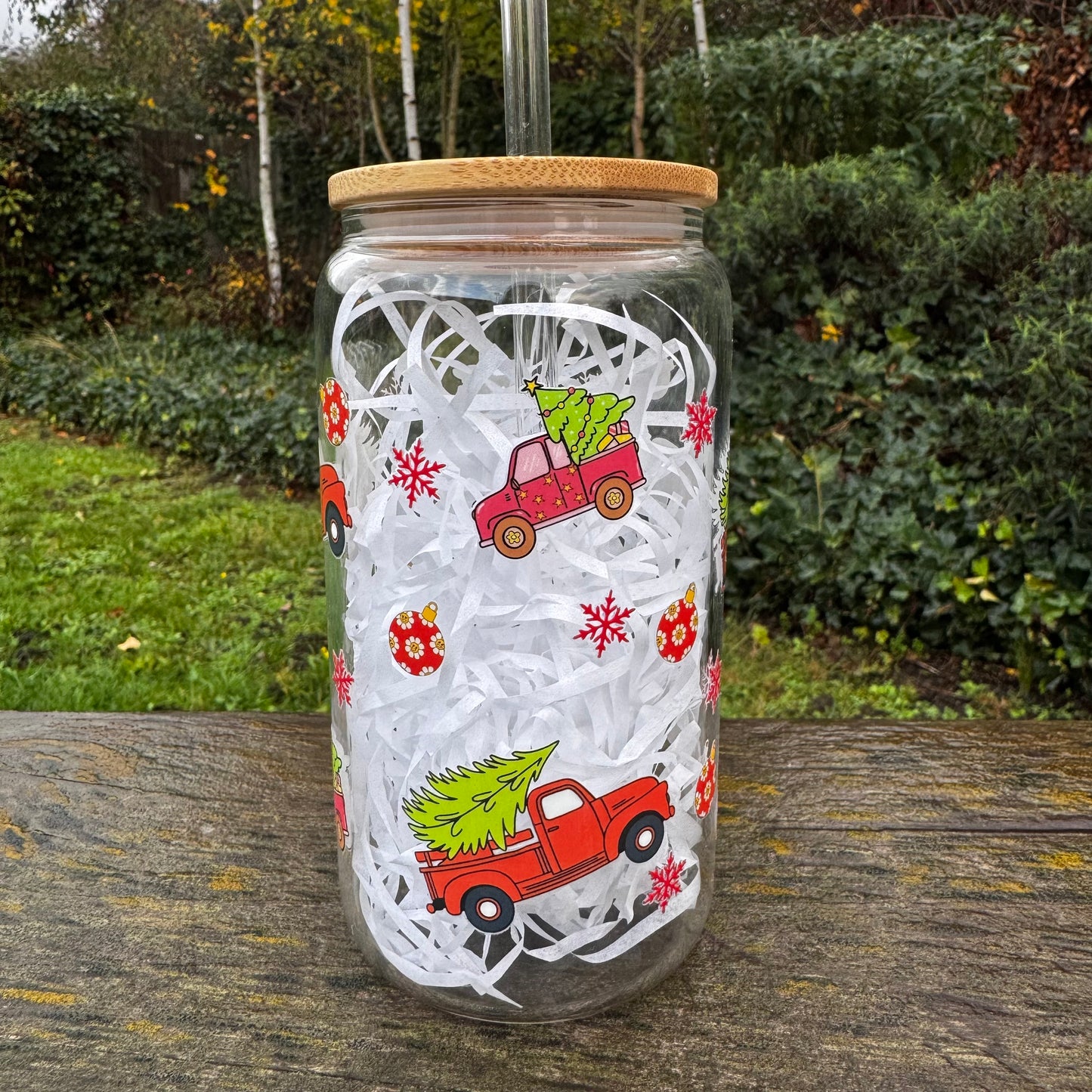 Christmas Red Truck Iced coffee Glass Can With Bamboo Lid and Straw