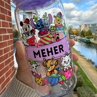 PREORDER Personalised Christmas Cartoon Characters Acrylic tumbler 16oz with plastic straw & acrylic lid,Kids cold cup, Stocking Filler Gift, Secret Santa Gift - dispatches December 1st