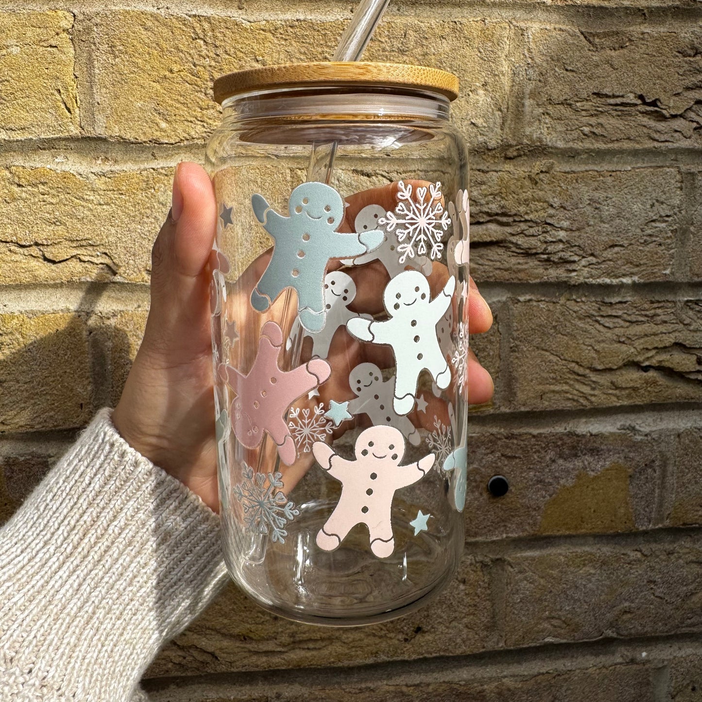 Christmas Gingerbread pastel Iced coffee Glass Can With Bamboo Lid and Straw