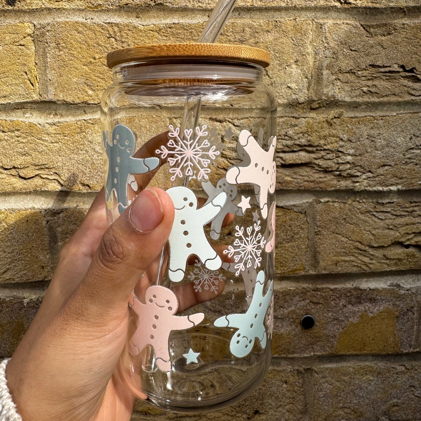 Christmas Gingerbread pastel Iced coffee Glass Can With Bamboo Lid and Straw