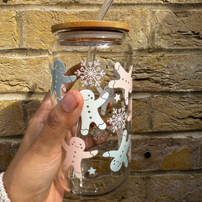 Christmas Gingerbread pastel Iced coffee Glass Can With Bamboo Lid and Straw