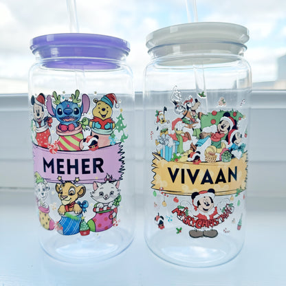 PREORDER Personalised Christmas Cartoon Characters Acrylic tumbler 16oz with plastic straw & acrylic lid,Kids cold cup, Stocking Filler Gift, Secret Santa Gift - dispatches December 1st