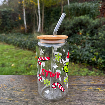 Christmas Grinch Stink Stunk Stank Iced coffee Glass Can With Bamboo Lid and Straw