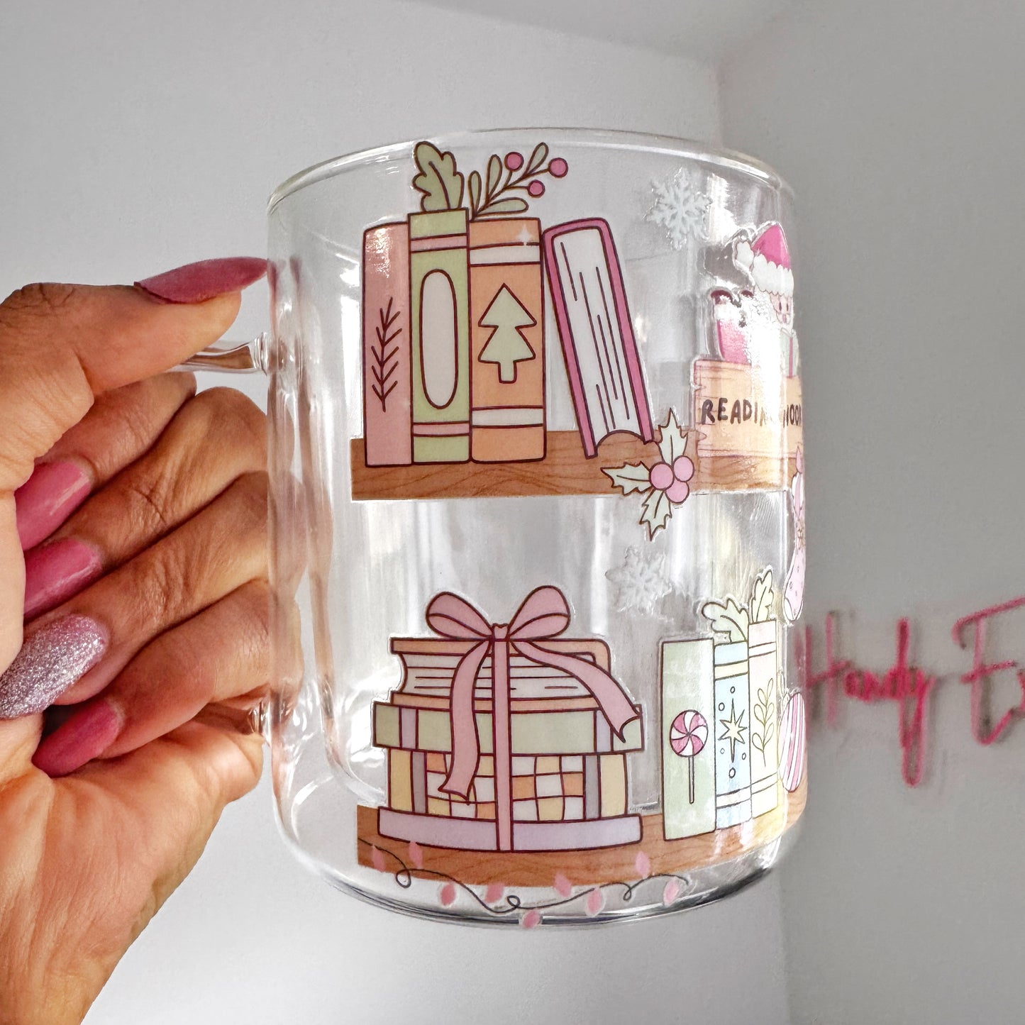 Christmas bookshelf Themed Glass Coffee Mug: Double Walled 13oz For Book Lovers