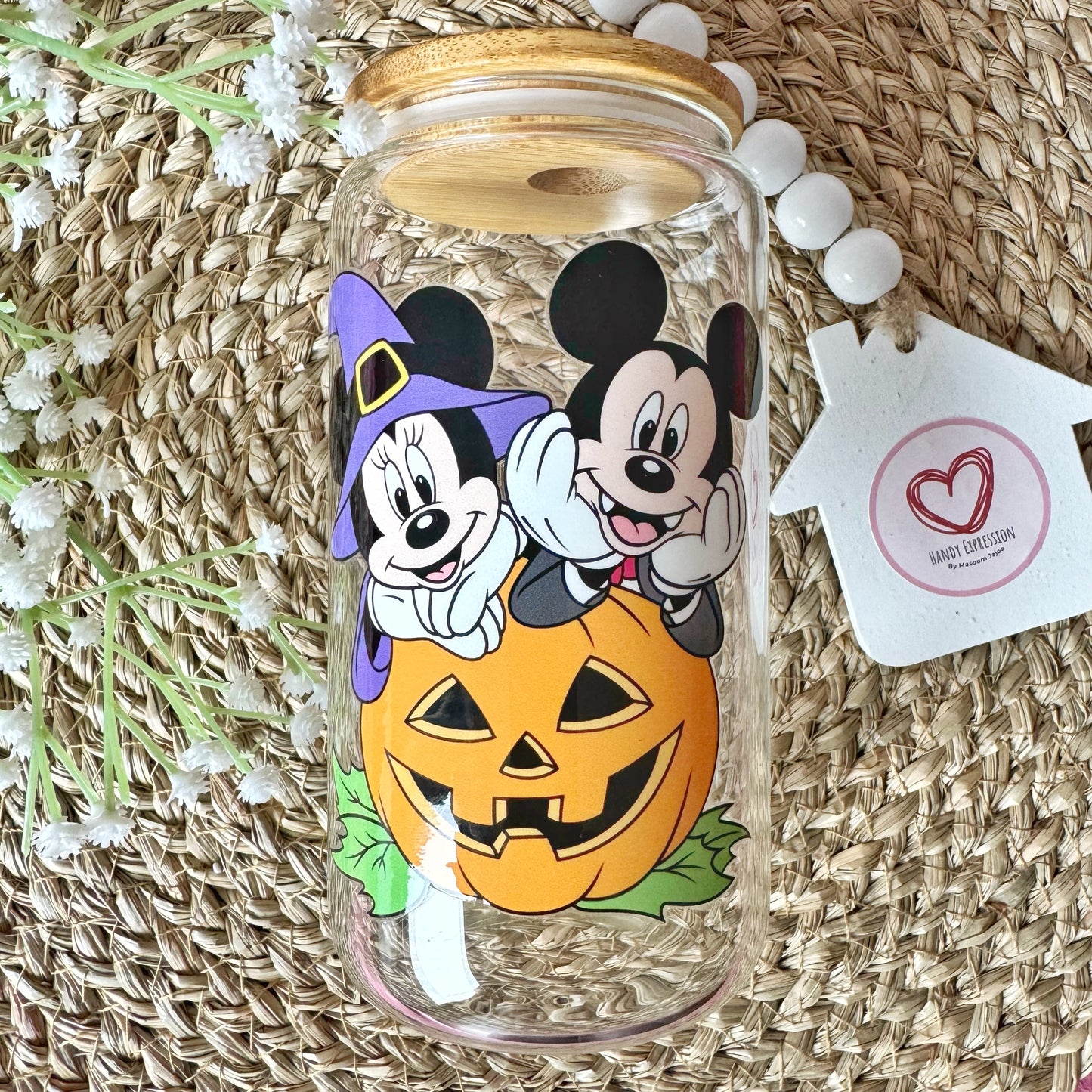 SALE Spooky Disney Coffee Glass , Halloween Mouse Pumpkin Iced Coffee Can Glass Tumbler 16 oz