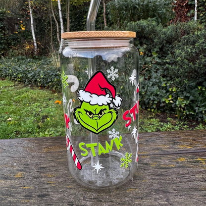 Christmas Grinch Stink Stunk Stank Iced coffee Glass Can With Bamboo Lid and Straw