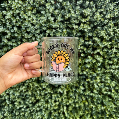Book lover glass coffee mug . Books are my happy place Glass mug .Gift for book lover, Bibliophile gift . Bookish mug 13oz Double walled