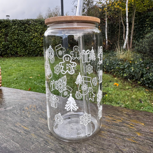 White Christmas Doodle Iced coffee Glass Can With Bamboo Lid and Straw