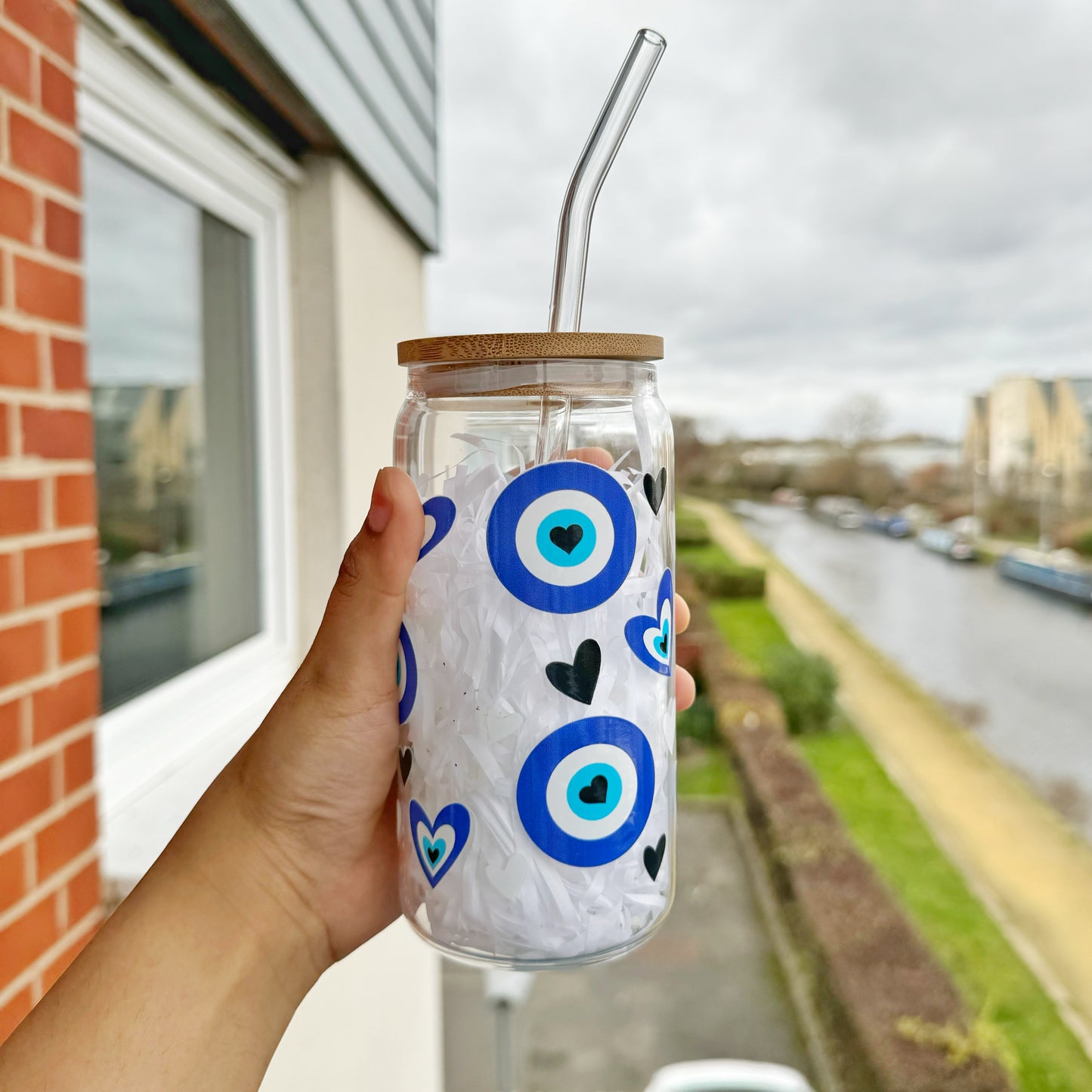 Evil Eye and Heart Themed Glass Tumbler 16 oz