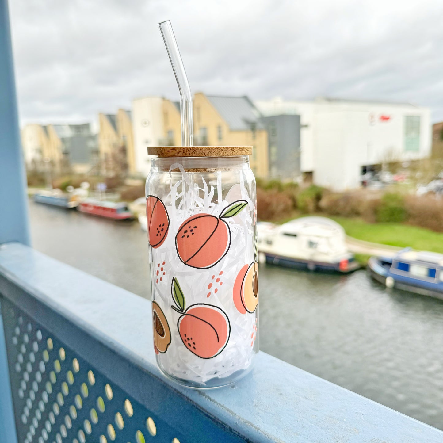 Peach Fruit  Themed Glass Tumbler 16 oz