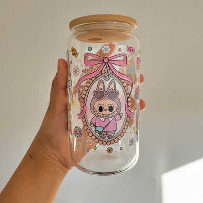 Exclusive Labubu Collection - Labubu Monster Doll iced coffee can, Labubu Libbey Glass with Bamboo Lid and Glass Straw