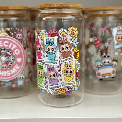Exclusive Labubu Collection - Flower Labubu dolls iced coffee can, Labubu Libbey Glass with Bamboo Lid and Glass Straw