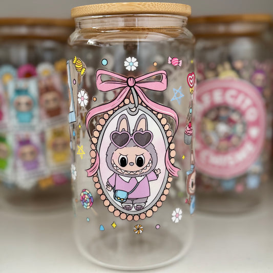 Exclusive Labubu Collection - Labubu Monster Doll iced coffee can, Labubu Libbey Glass with Bamboo Lid and Glass Straw