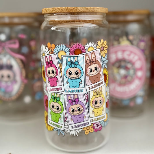 Exclusive Labubu Collection - Flower Labubu dolls iced coffee can, Labubu Libbey Glass with Bamboo Lid and Glass Straw