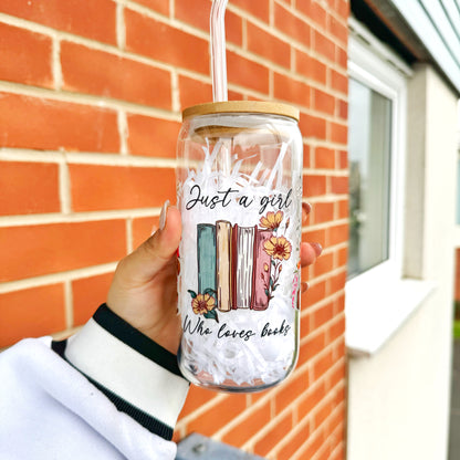 Just a Girl who loves book Coffee Glass Can Tumbler 16 oz