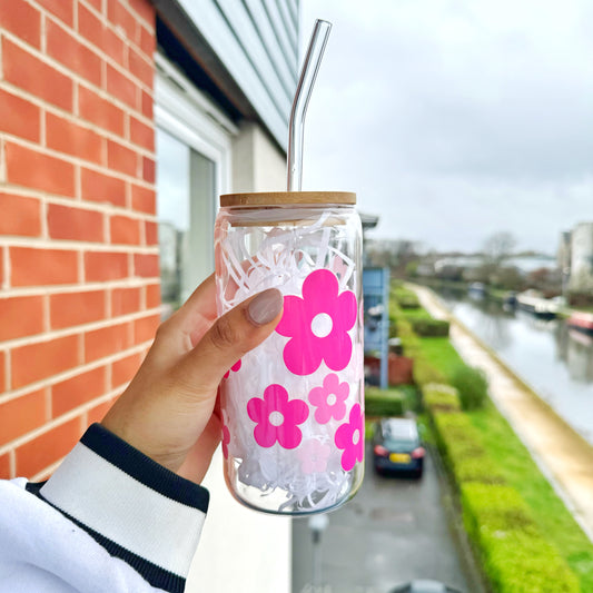 Pink Daisy Flowers themed Glass Tumbler 16 oz