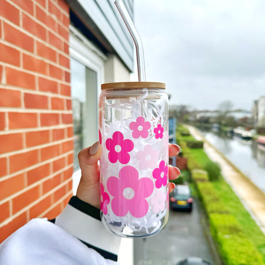 Pink Daisy Flowers themed Glass Tumbler 16 oz