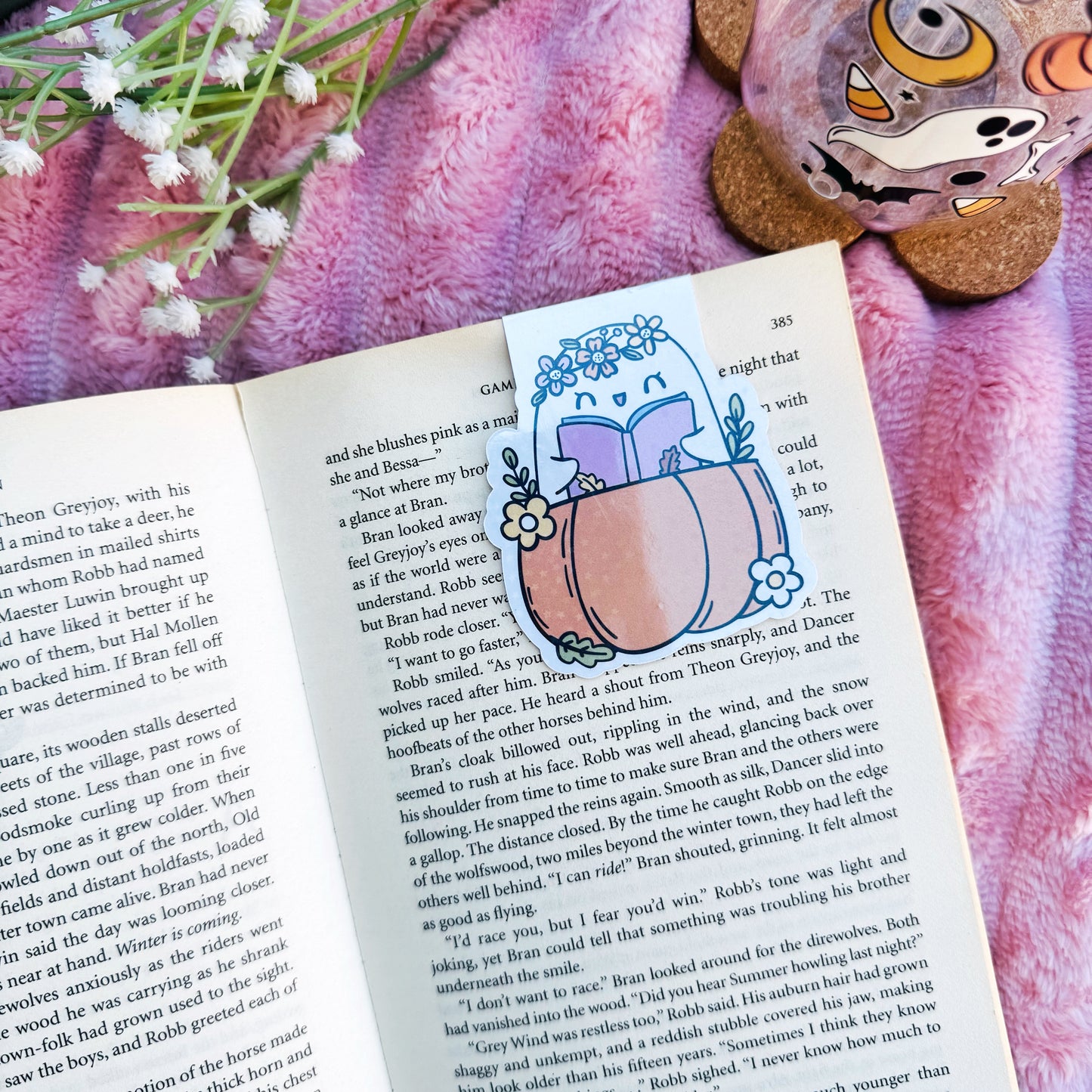 Spooky Cute Boo Girly  Reading Book in a Pumpkin Magnetic bookmark for book lovers