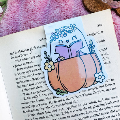 Spooky Cute Boo Girly  Reading Book in a Pumpkin Magnetic bookmark for book lovers