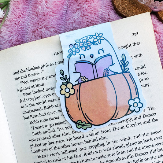 Spooky Cute Boo Girly  Reading Book in a Pumpkin Magnetic bookmark for book lovers