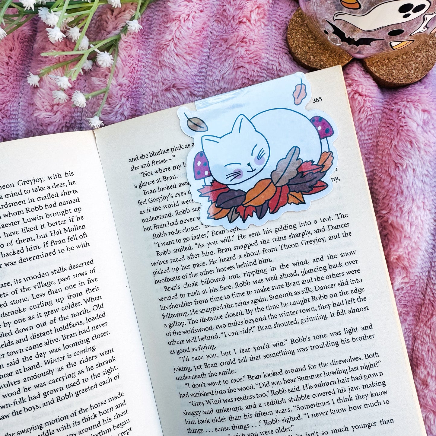 Fall  Cozy Cat Sleeping on Fall Leaves Magnetic bookmark for book lovers