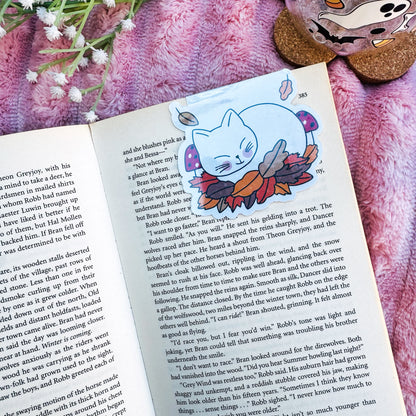 Fall  Cozy Cat Sleeping on Fall Leaves Magnetic bookmark for book lovers