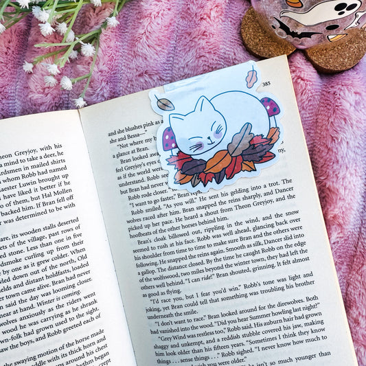 Fall  Cozy Cat Sleeping on Fall Leaves Magnetic bookmark for book lovers
