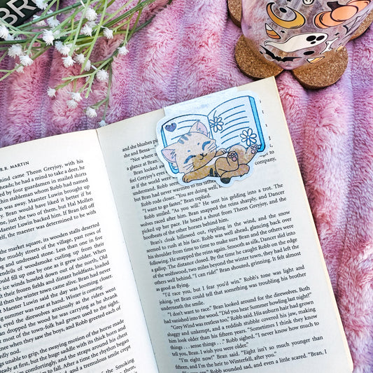 Fall  Cozy Cat Sleeping with Books Magnetic bookmark for book lovers