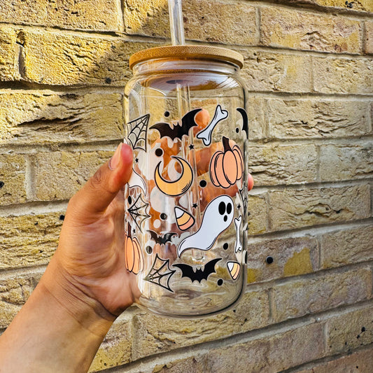 Halloween Spooky Boo Spider Web Pumpkin Moon  Iced Coffee Can Glass, Spooky Coffee Tumbler with Bamboo Lid and straw